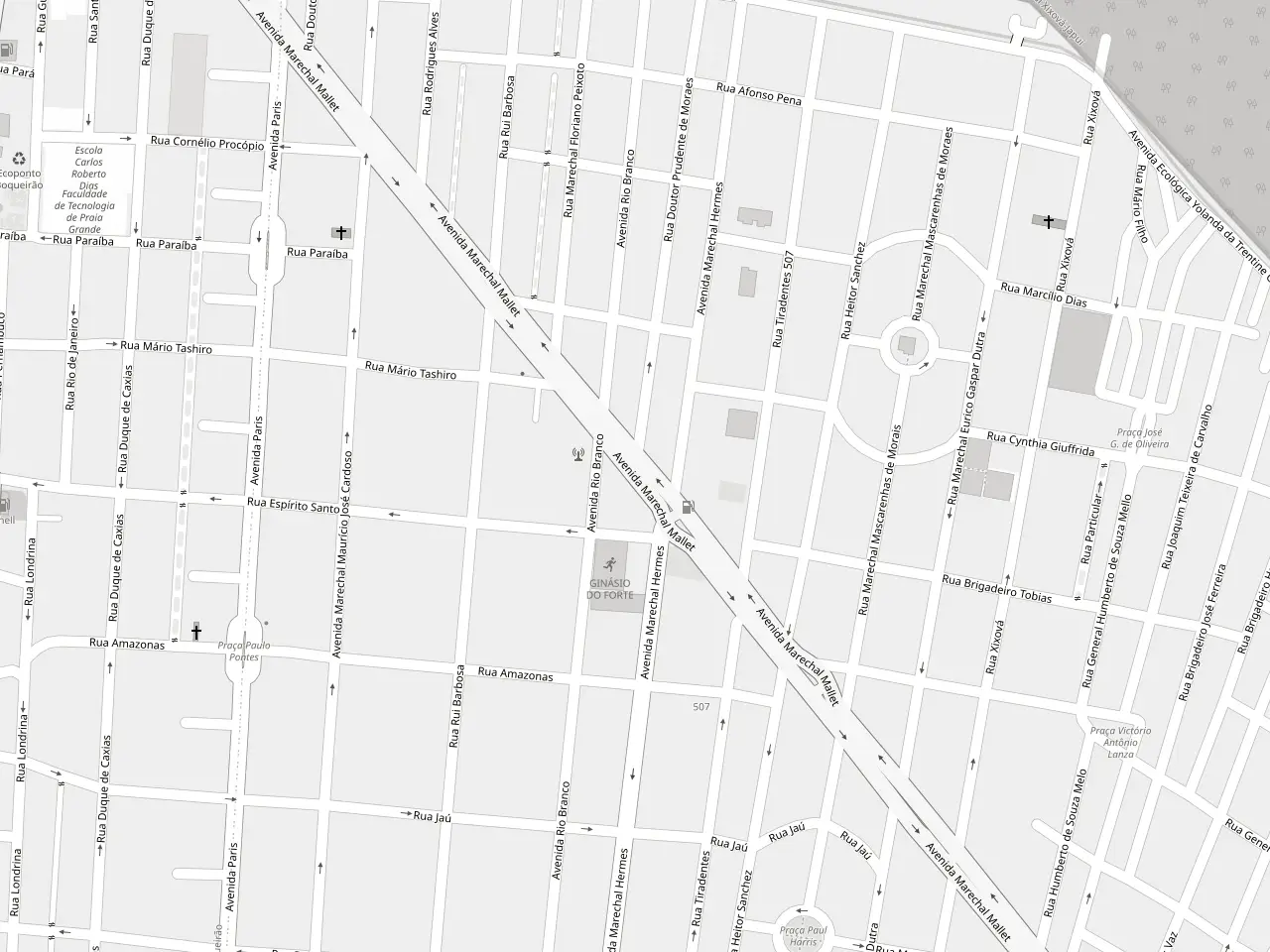 Mapa do Canto do Forte, em Praia Grande, com a Av. Mal. Mallet marcada no centro